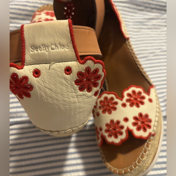 See by chloe red and white embroidered platform espadrilles size 38/7.5 usa - Picture 4 of 6